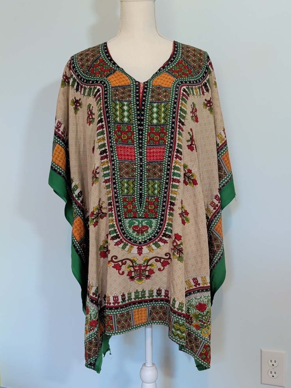 'Sunflower' Beige Boho Hippie Artsy V-Neck Kaftan with Green Trim one size